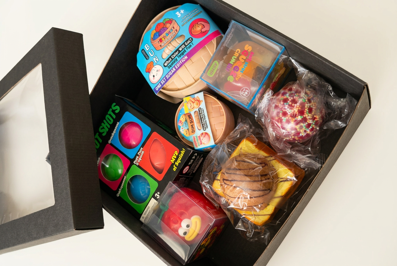 Squishy dovanų dėžutės Murmiukas turinys iš arti šviesiame studijiniame fone
