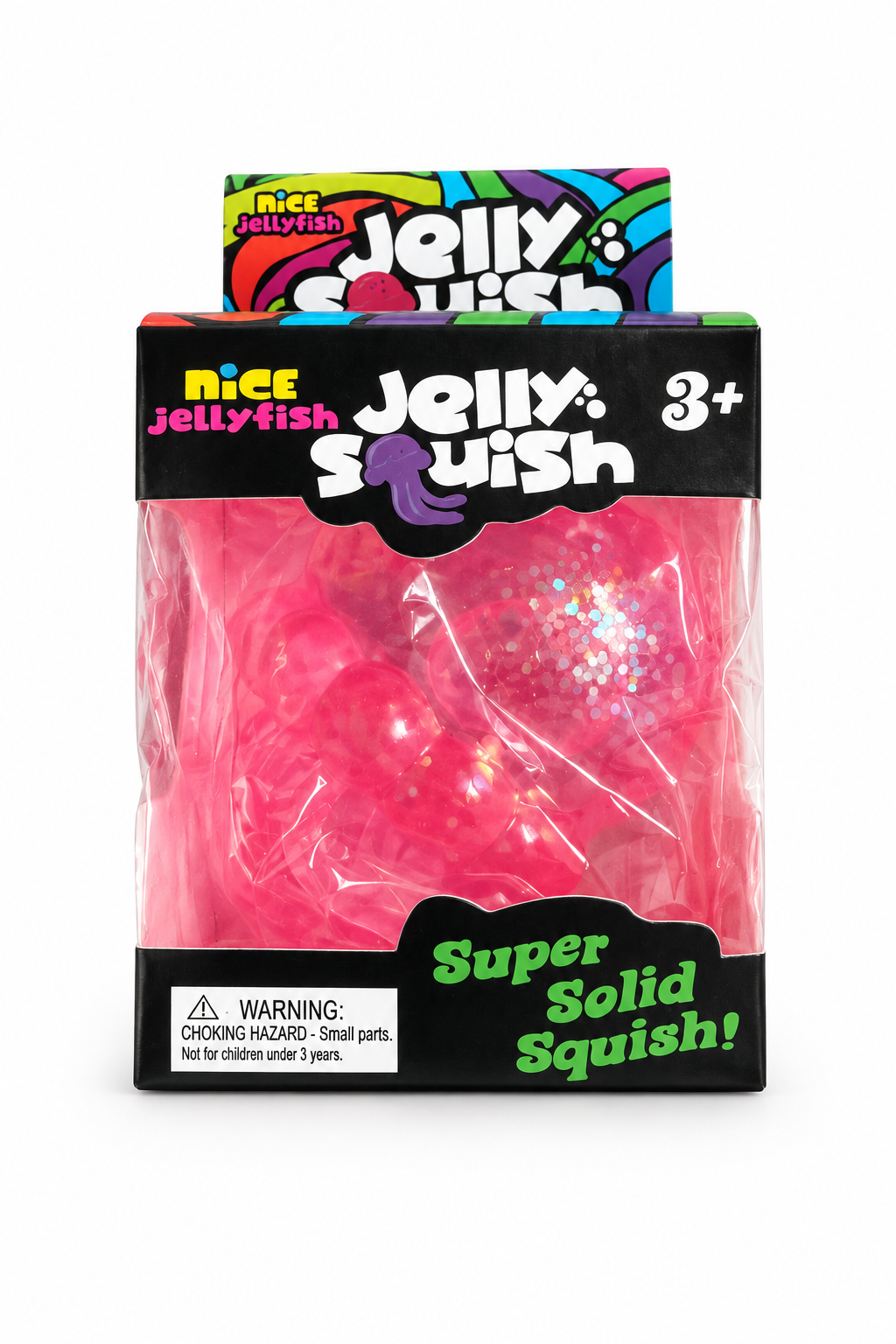 Jelly Squish rožinio squishy žaislo pakuotė kitu kampu baltame fone