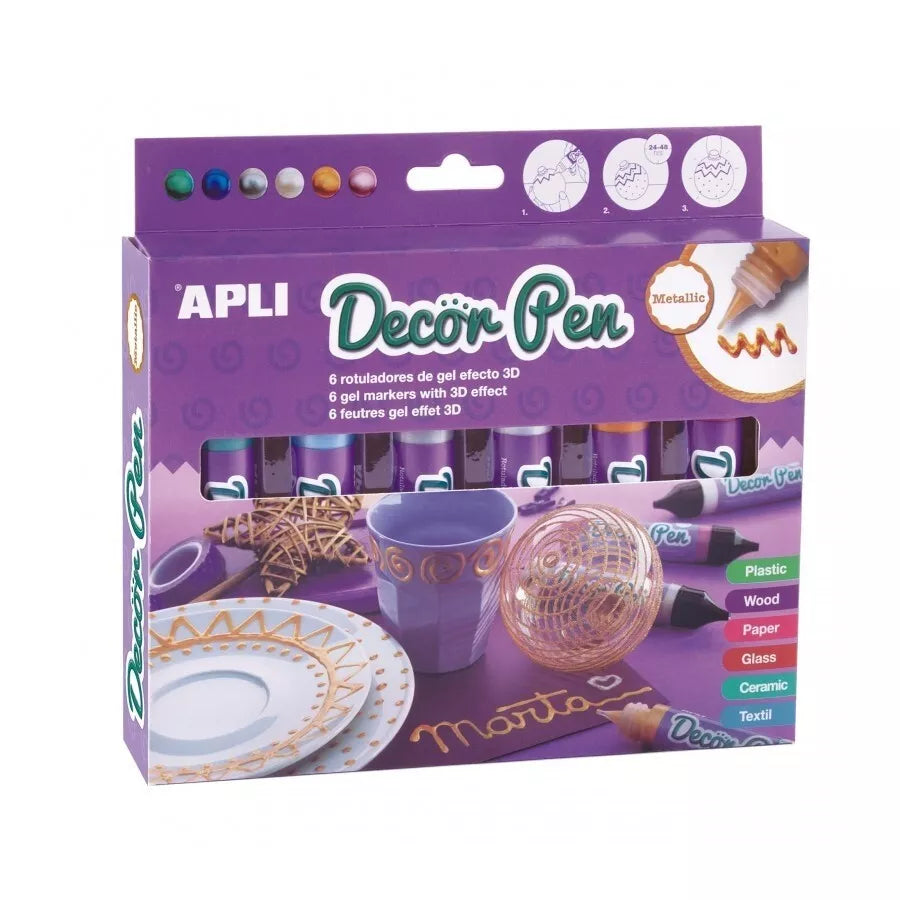 APLI 3D efektą suteikiantys metalizuoti markeriai „Decorpen“ (6 vnt.)