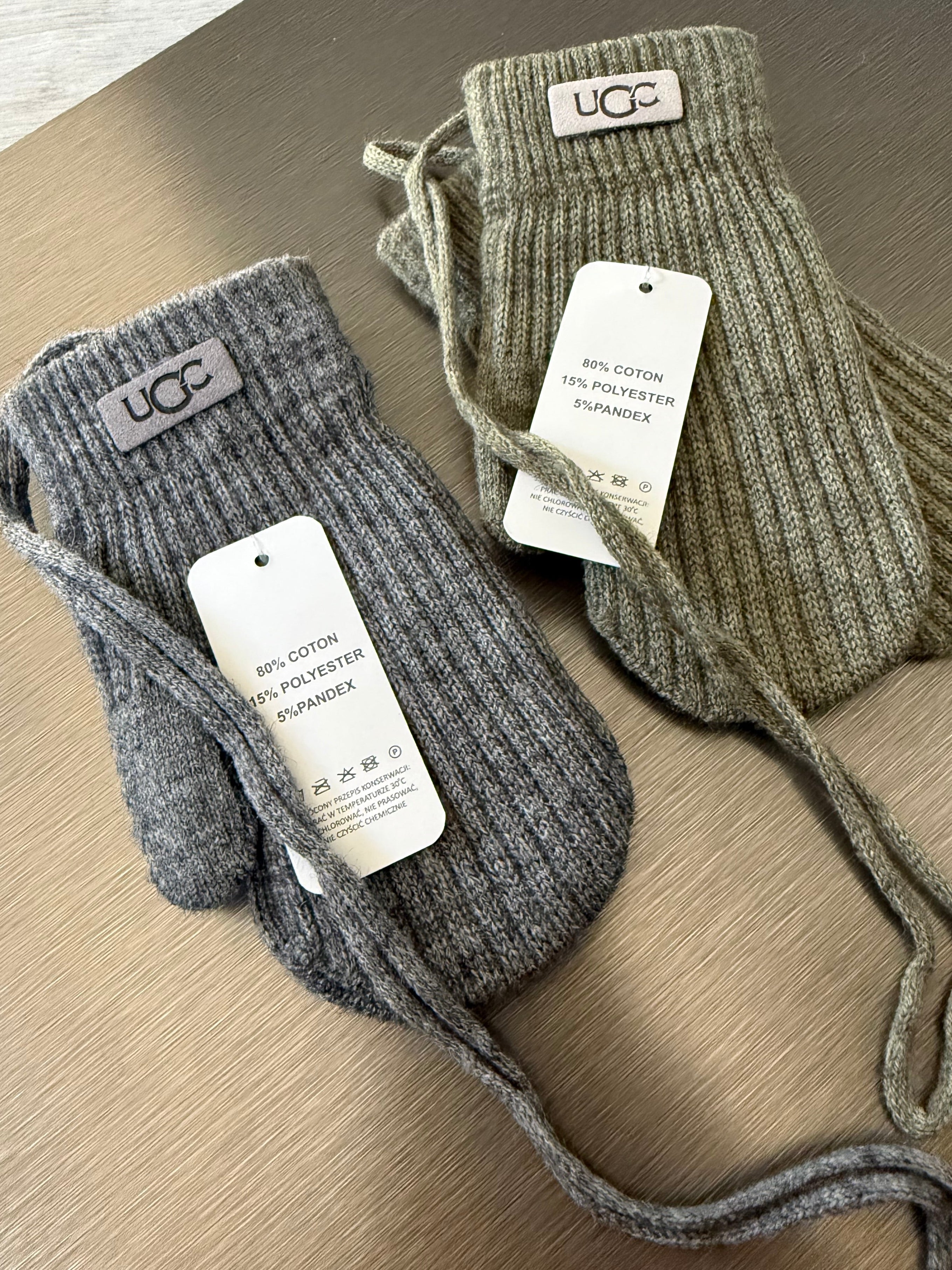 Children's fleece mittens with wrist straps, 3–4 years, khaki and dark grey