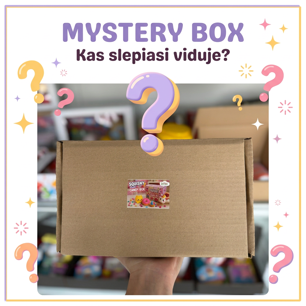 Mystery Box vaizdas su originalia dėžutės nuotrauka ir klaustukais